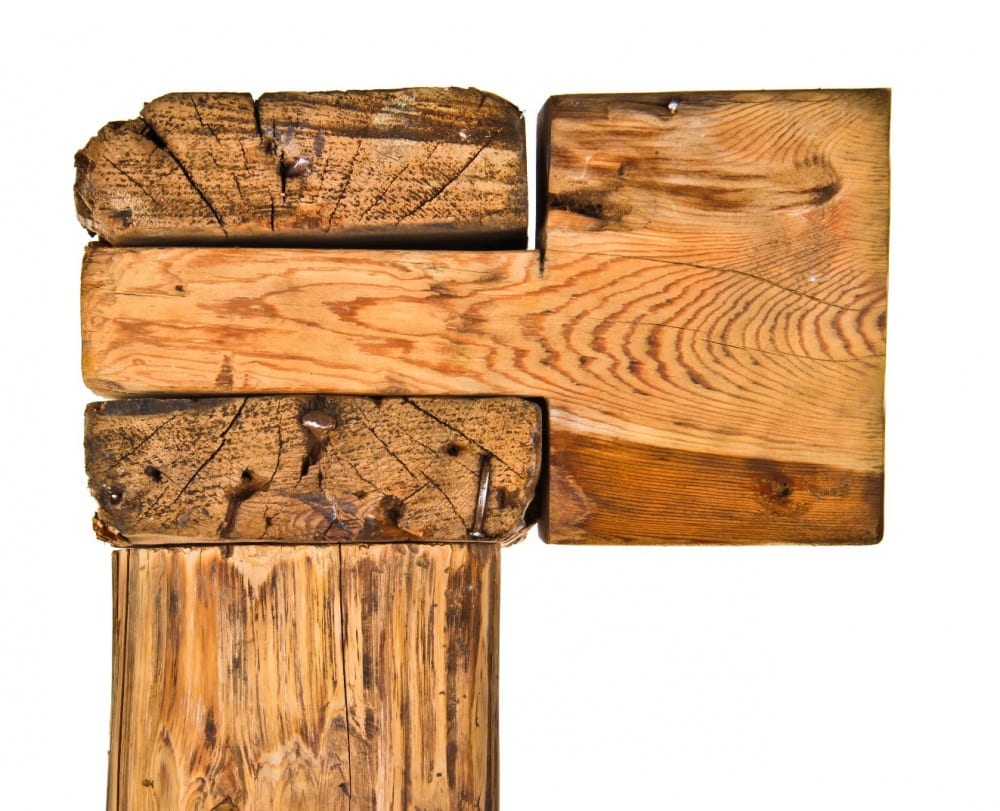 cross section showing the sill plate mortise and tenon joint resting on top of the supporting post. all components were documented "in situ" before being photographed in the studio.